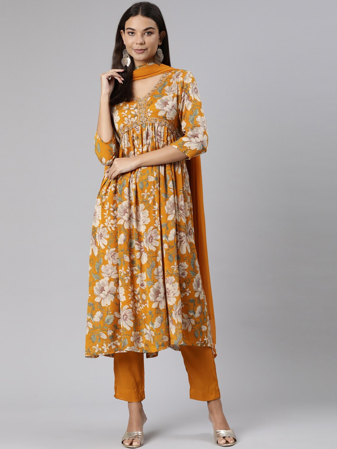 

Neerus Floral Printed Sequined Silk Chiffon Kurta with Trousers & Dupatta, Mustard