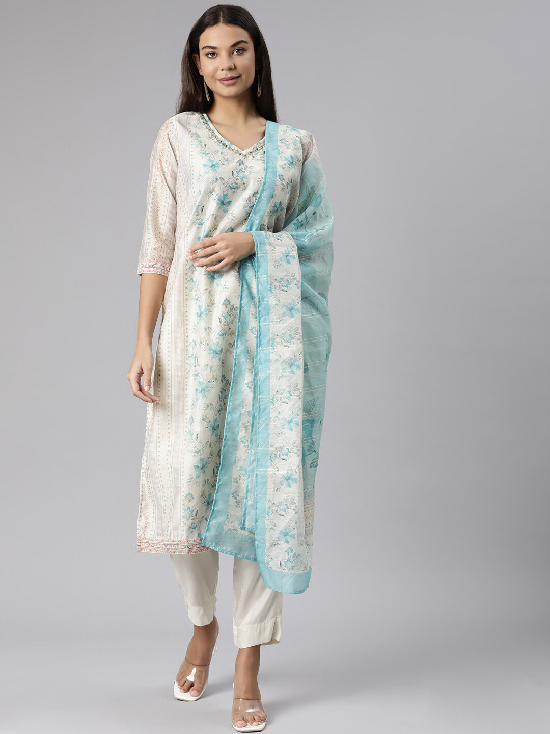

Neerus Floral Printed Sequined Kurta with Trousers & Dupatta, Turquoise blue