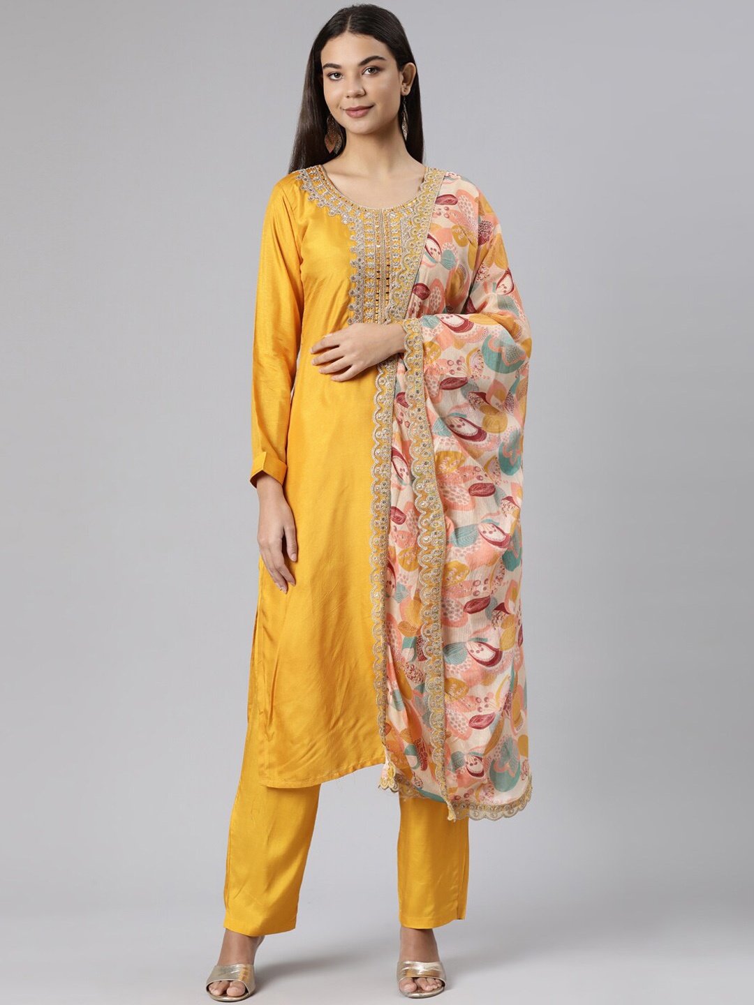 

Neerus Ethnic Motifs Embroidred Zari Straight Kurta with Trousers & Dupatta, Mustard