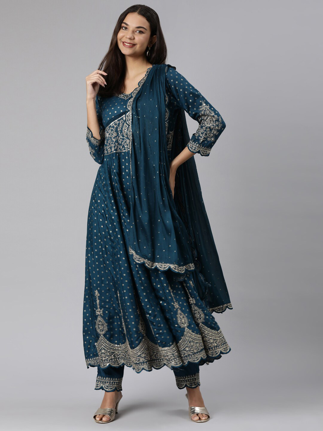 

Neerus Floral Printed Thread Work Anarkali Kurta with Trousers & Dupatta, Blue