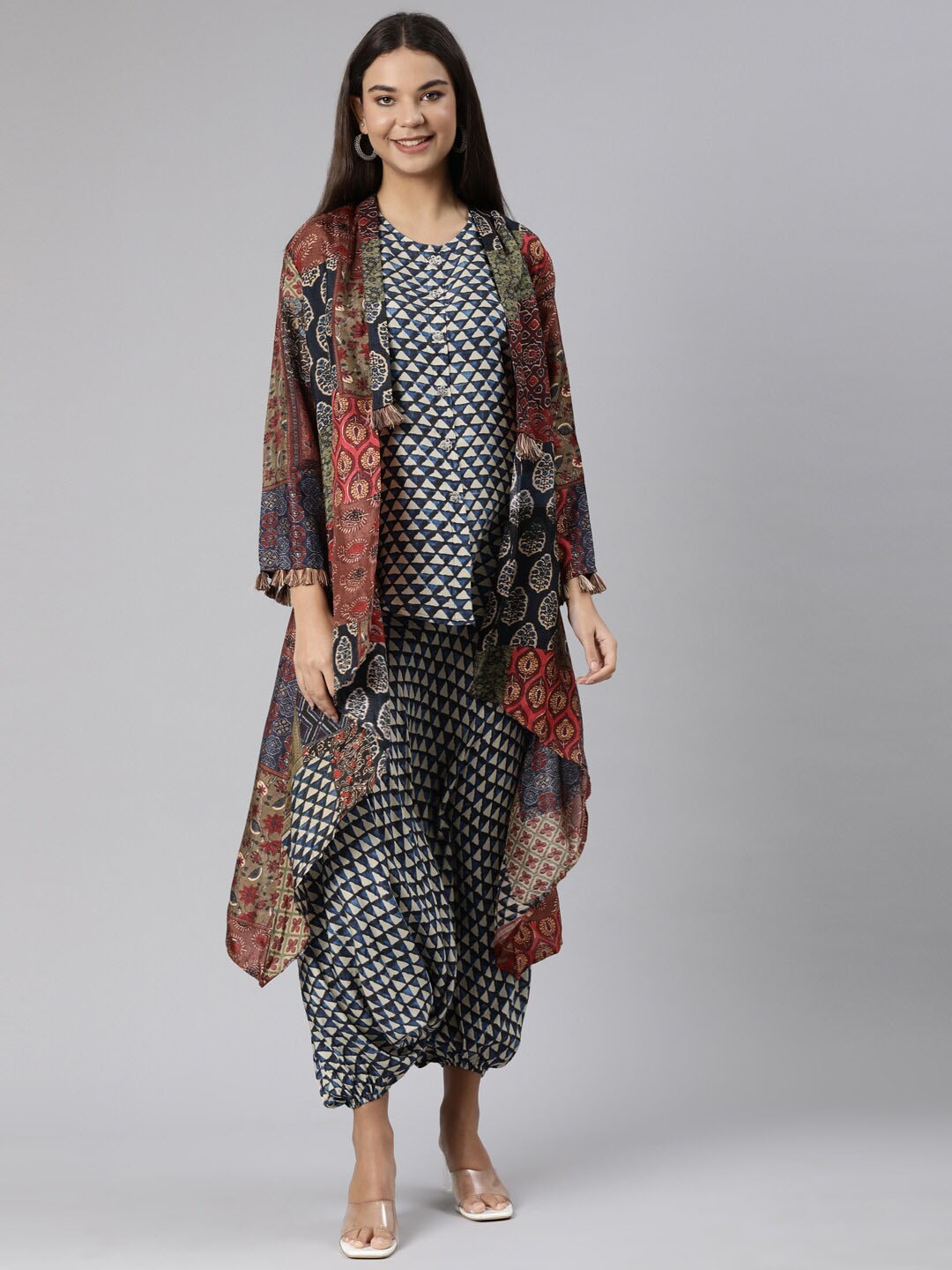 

Neerus Geometric Printed Sleeveless Raw Silk Top With Harem Pants & Jacket, Black