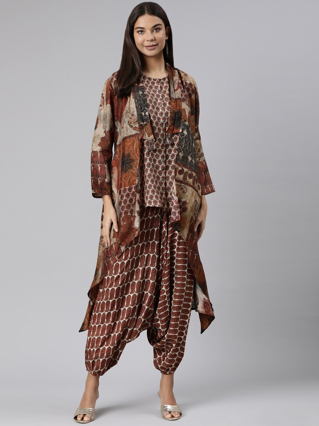 

Neerus Geometric Printed Sleeveless Raw Silk Top With Harem Pants & Jacket, Brown