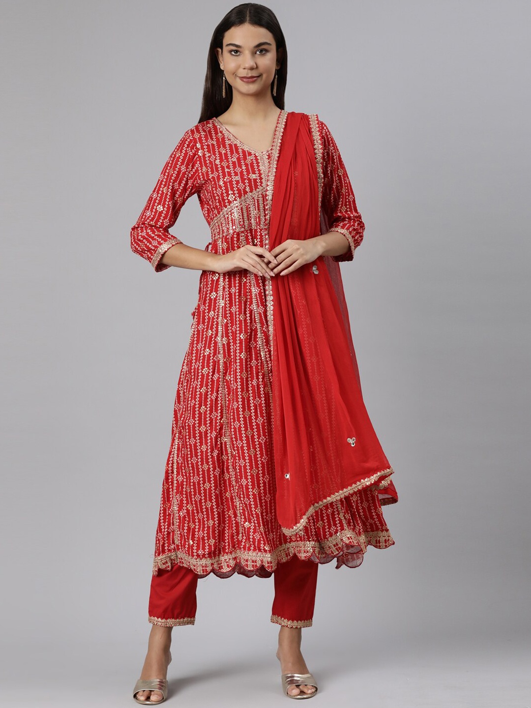 

Neerus Bandhani Printed Sequinned Anarkali Kurta With Trousers & Dupatta, Red