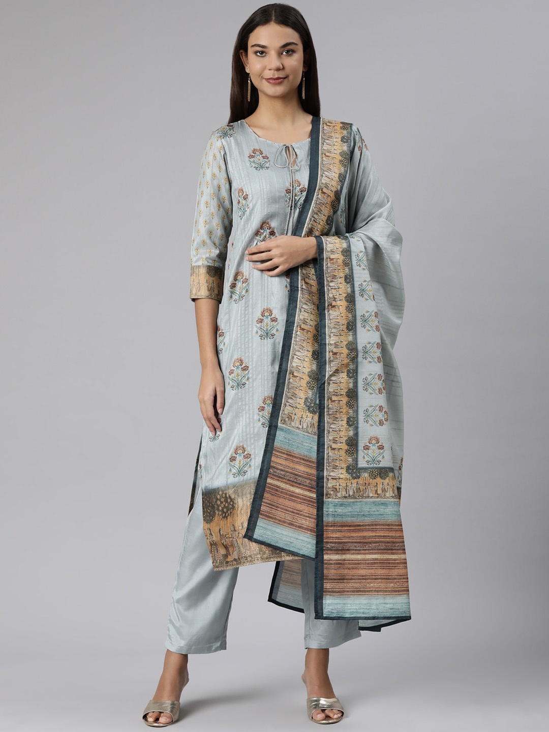 

Neerus Floral Printed Tie-Up Neck Kurta With Trousers & Dupatta, Blue