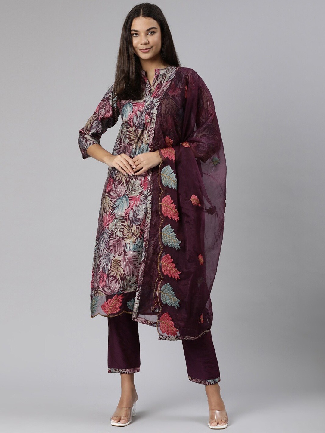 

Neerus Floral Printed Mandarin Collar Regular Kurta With Trousers & Dupatta, Purple