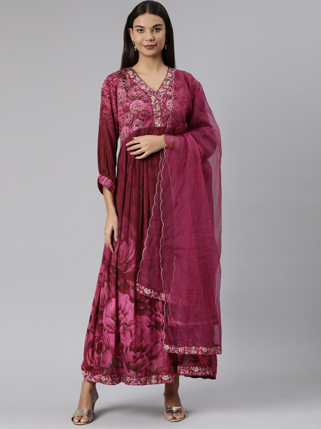 

Neerus Floral Printed V-Neck Anarkali Pleated Kurta With Trousers & Dupatta, Magenta