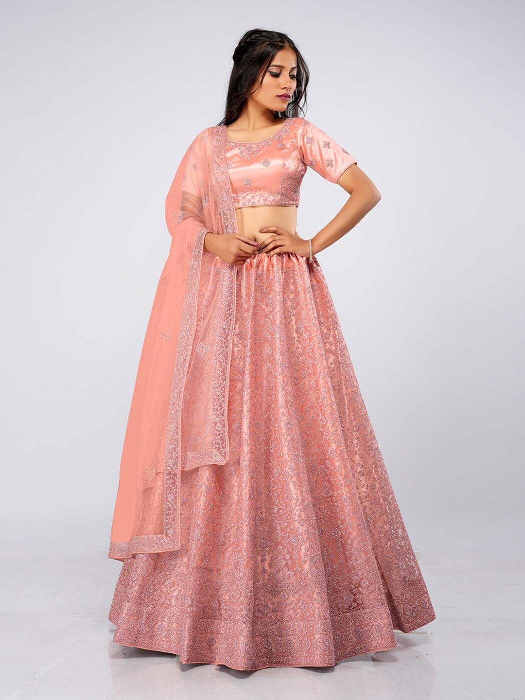 

HALFSAREE STUDIO Embroidered Semi-Stitched Lehenga & Unstitched Blouse With Dupatta, Peach