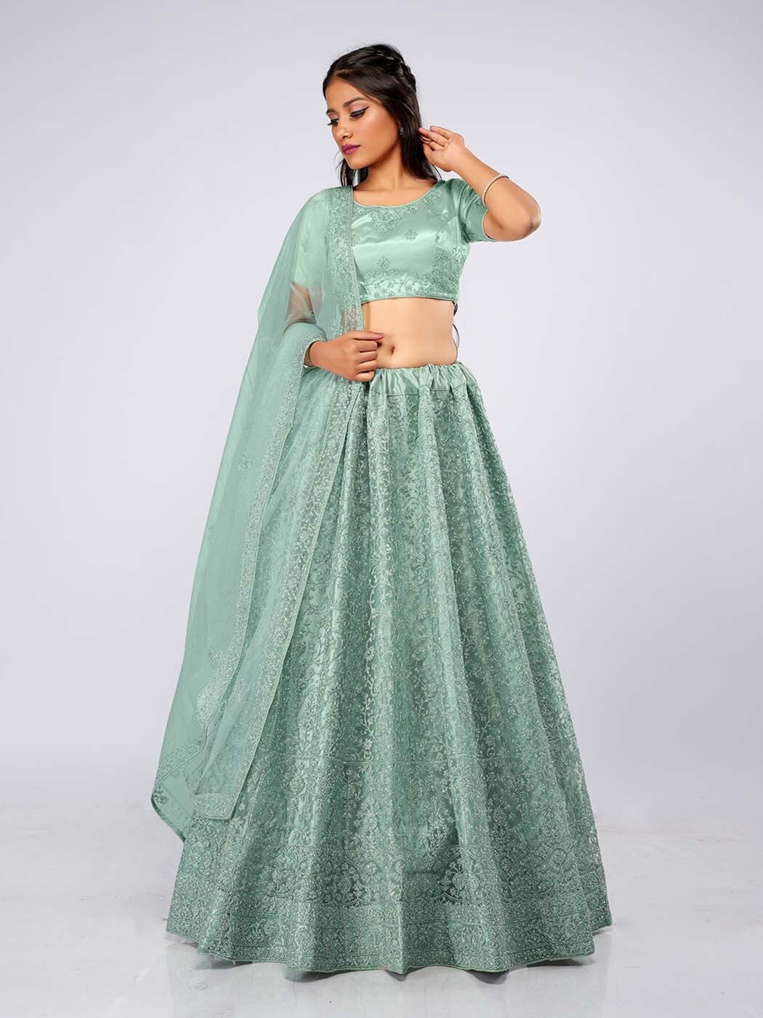 

HALFSAREE STUDIO Embroidered Semi-Stitched Lehenga & Unstitched Blouse With Dupatta, Green