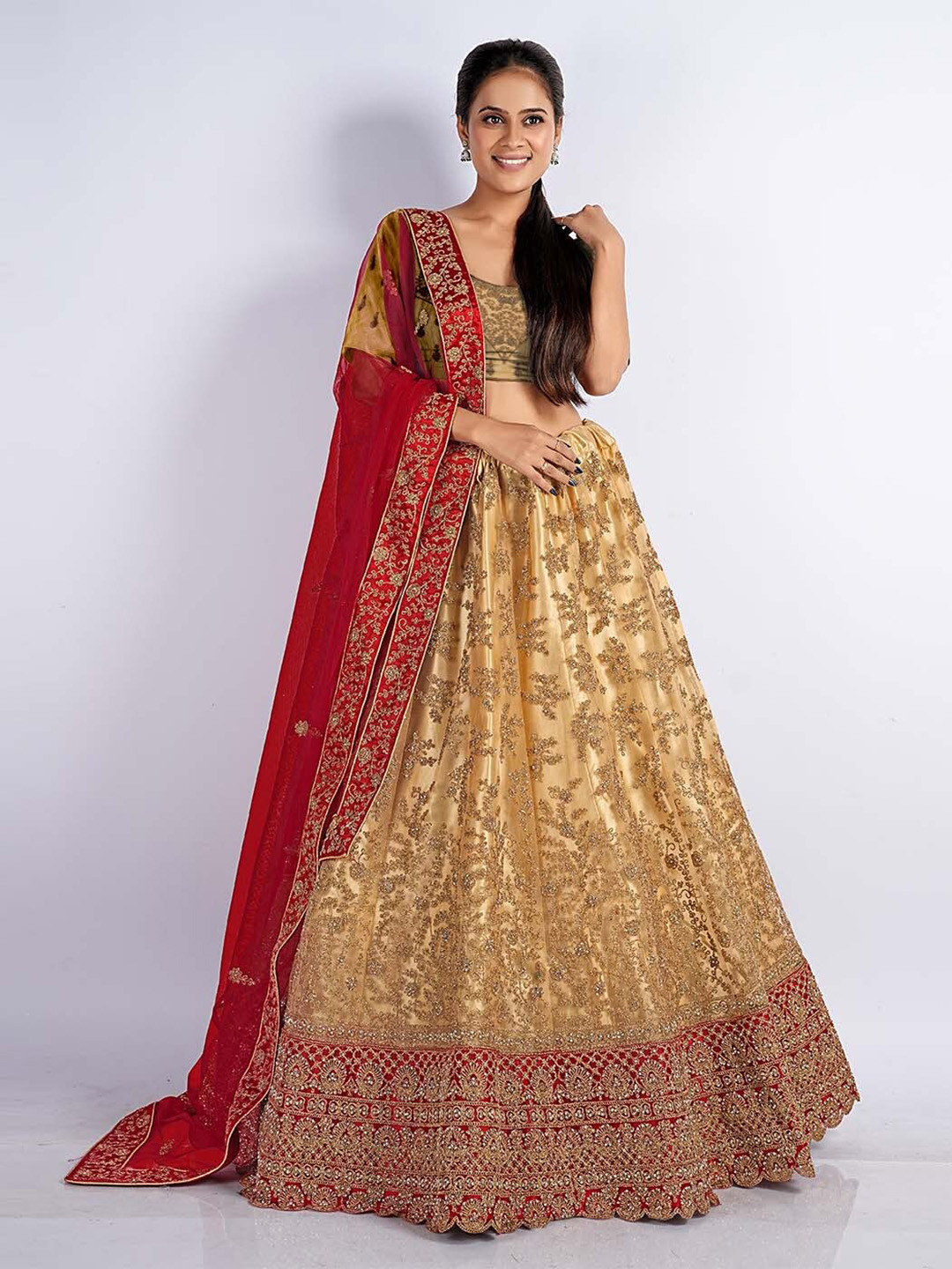 

HALFSAREE STUDIO Embroidered Semi-Stitched Lehenga & Unstitched Blouse With Dupatta, Cream