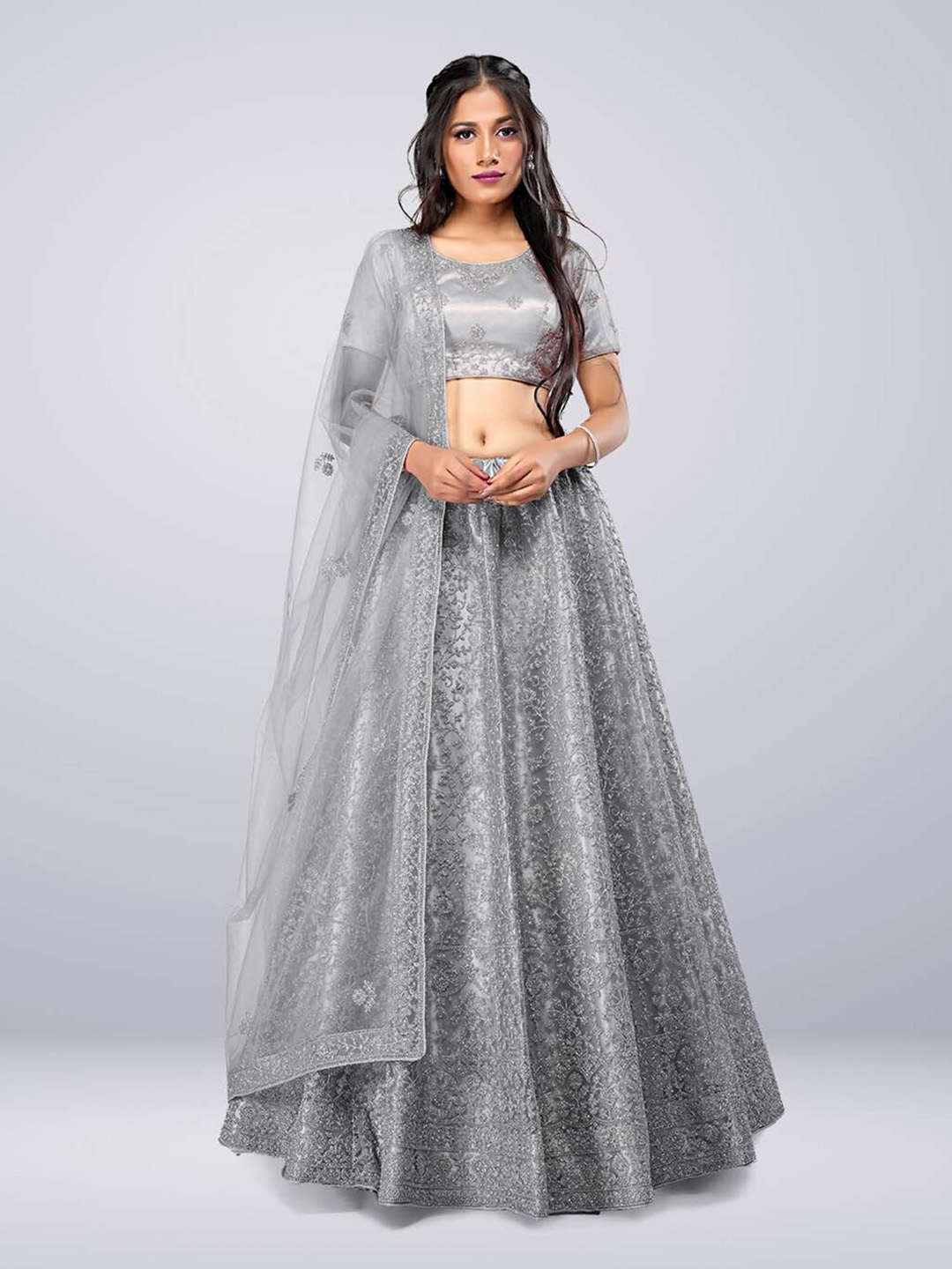 

HALFSAREE STUDIO Embroidered Semi-Stitched Lehenga & Unstitched Blouse With Dupatta, Grey