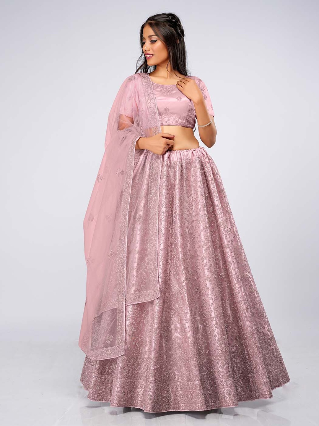 

HALFSAREE STUDIO Embroidered Semi-Stitched Lehenga & Unstitched Blouse With Dupatta, Pink