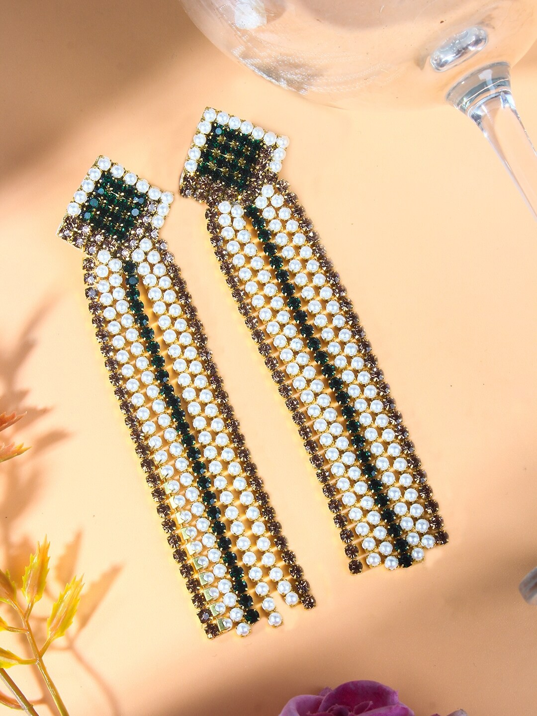 

Stylecast X KPOP Green Gold-Toned Rhinestone Contemporary Drop Earrings