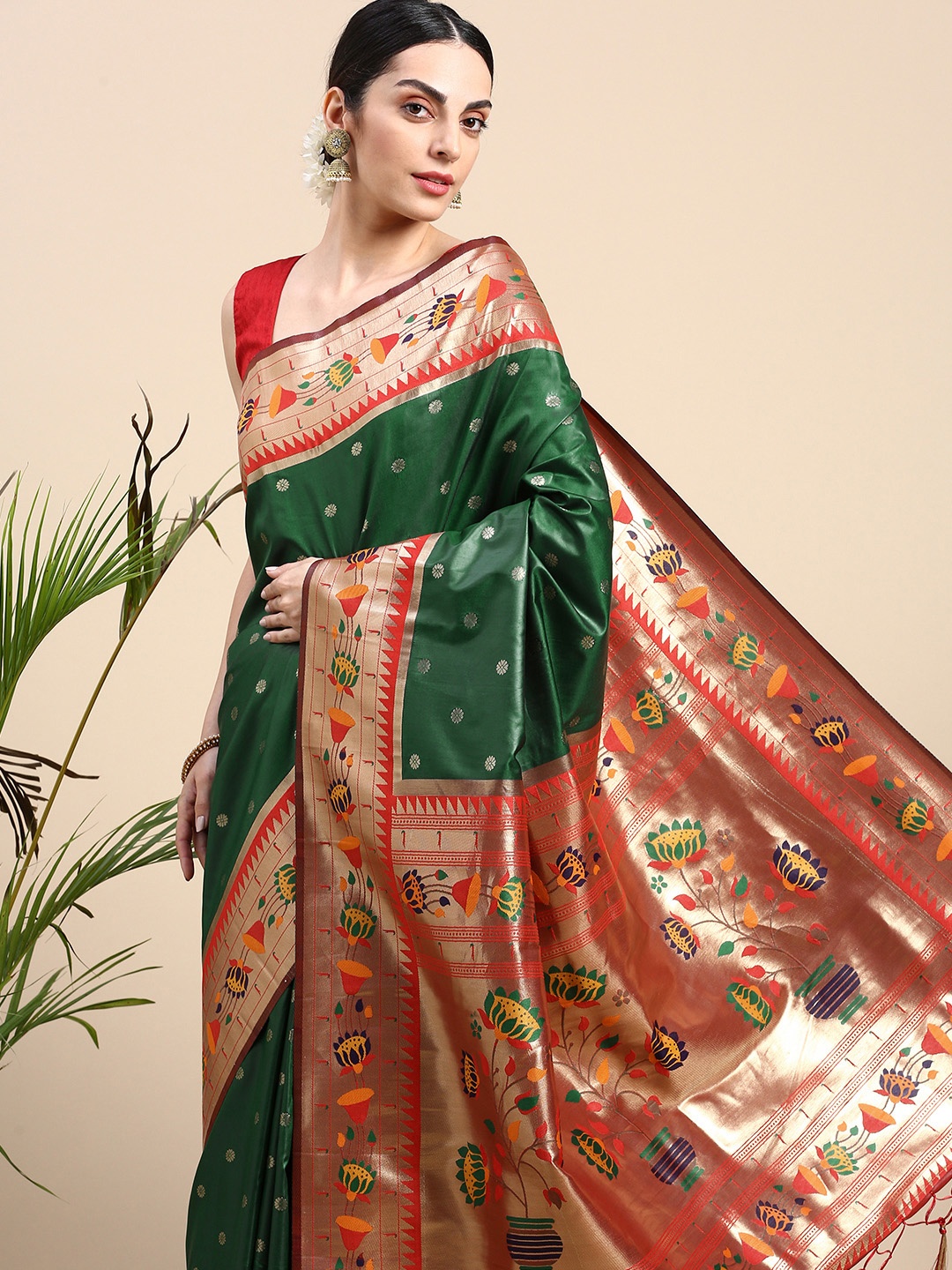 

Mitera Floral Zari Paithani Saree, Green