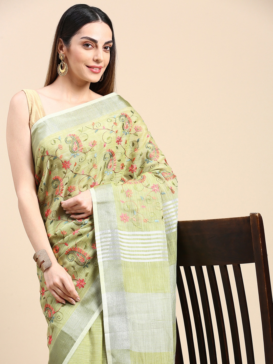 

Mitera Paisley Embroidered Linen Blend Saree, Green