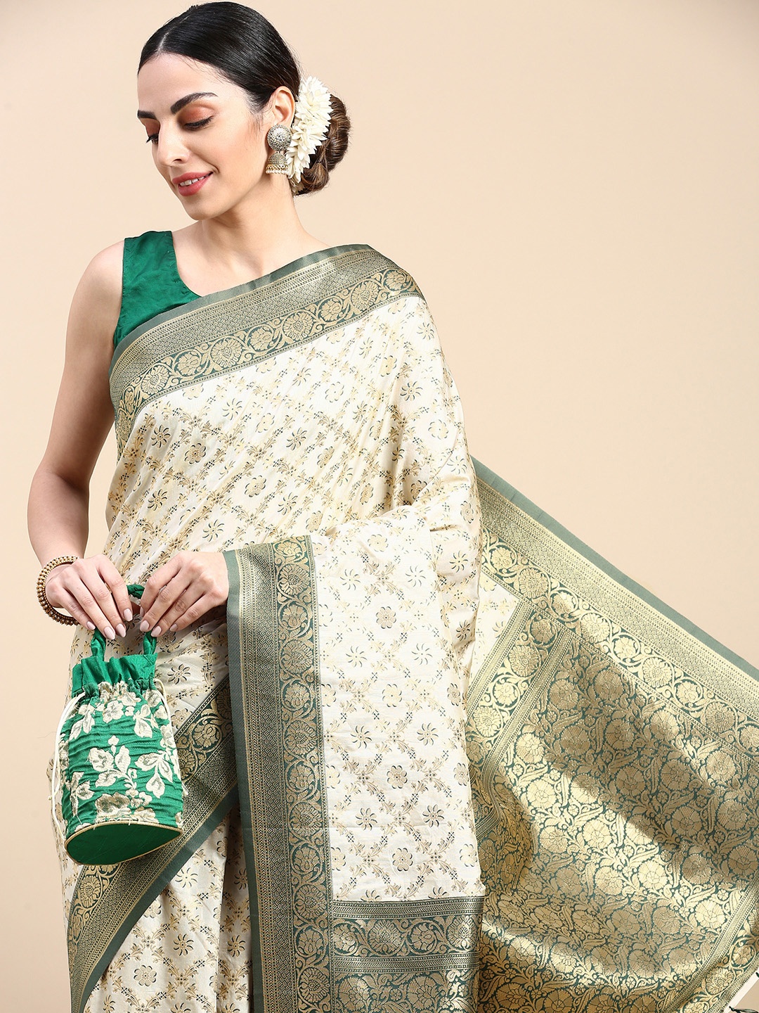 

Mitera Floral Zari Banarasi Saree, Cream