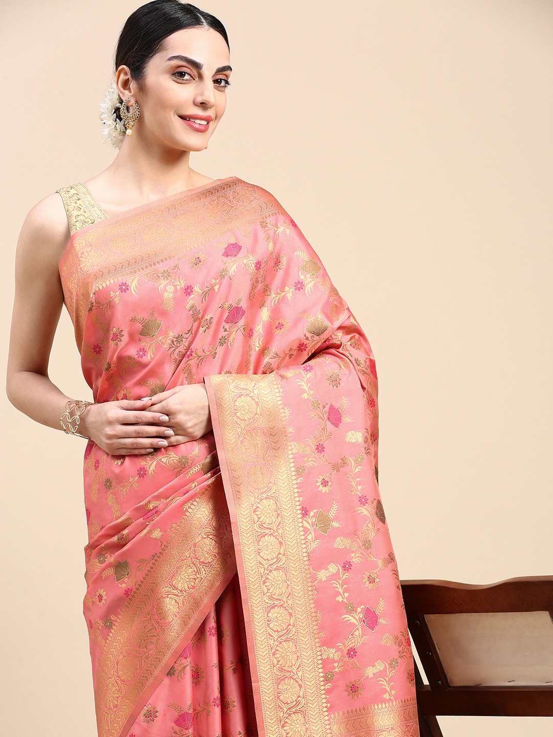 

Mitera Floral Zari Banarasi Saree, Pink