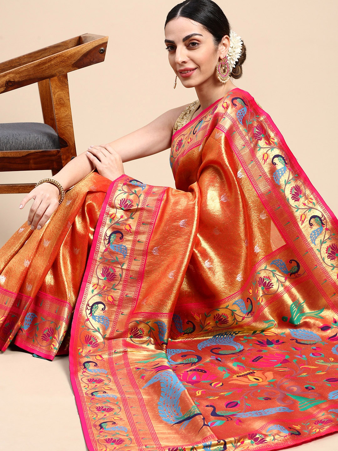 

Mitera Ethnic Motifs Zari Paithani Saree, Orange