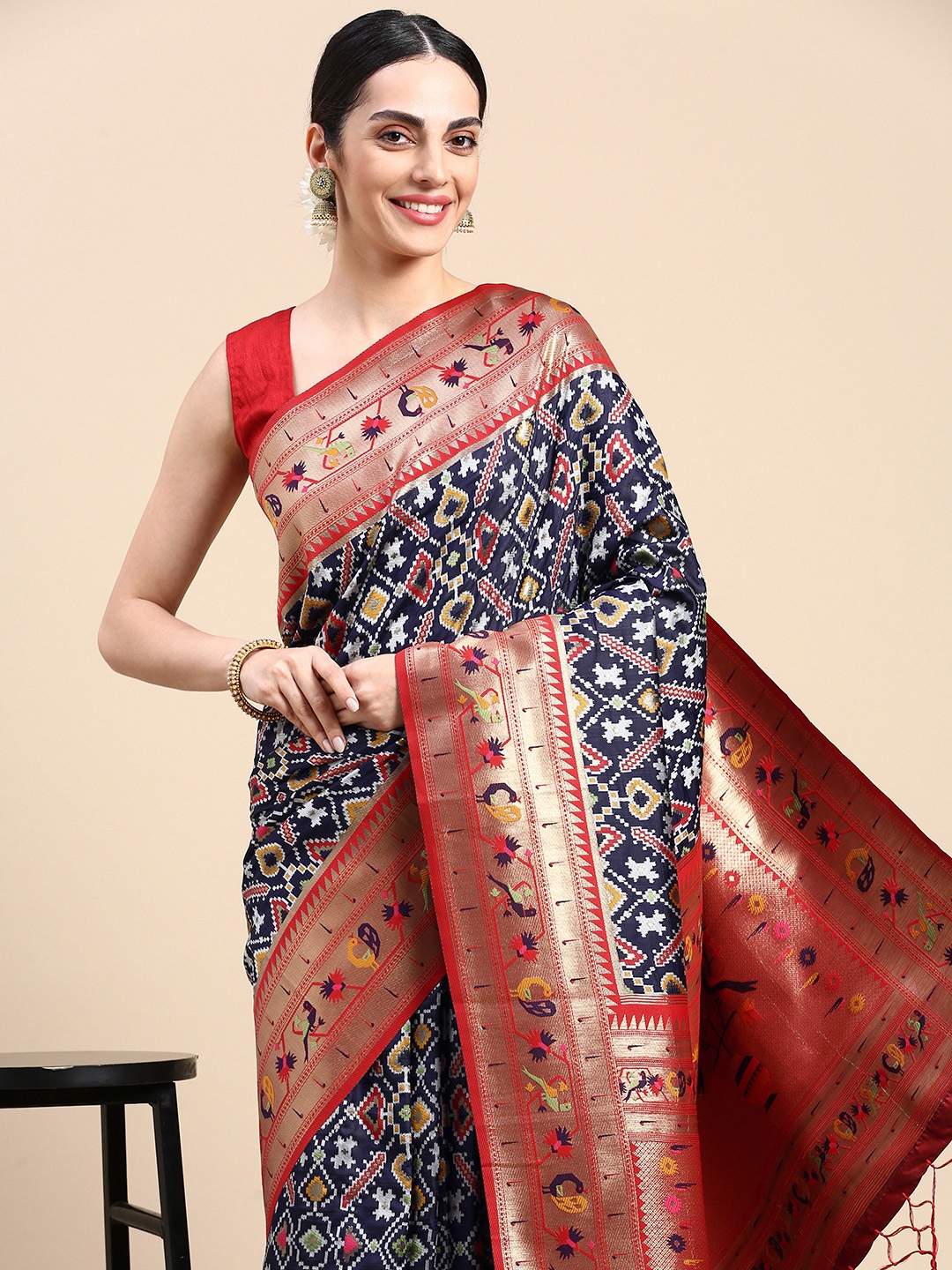 

Mitera Ethnic Motifs Zari Patola Saree, Navy blue