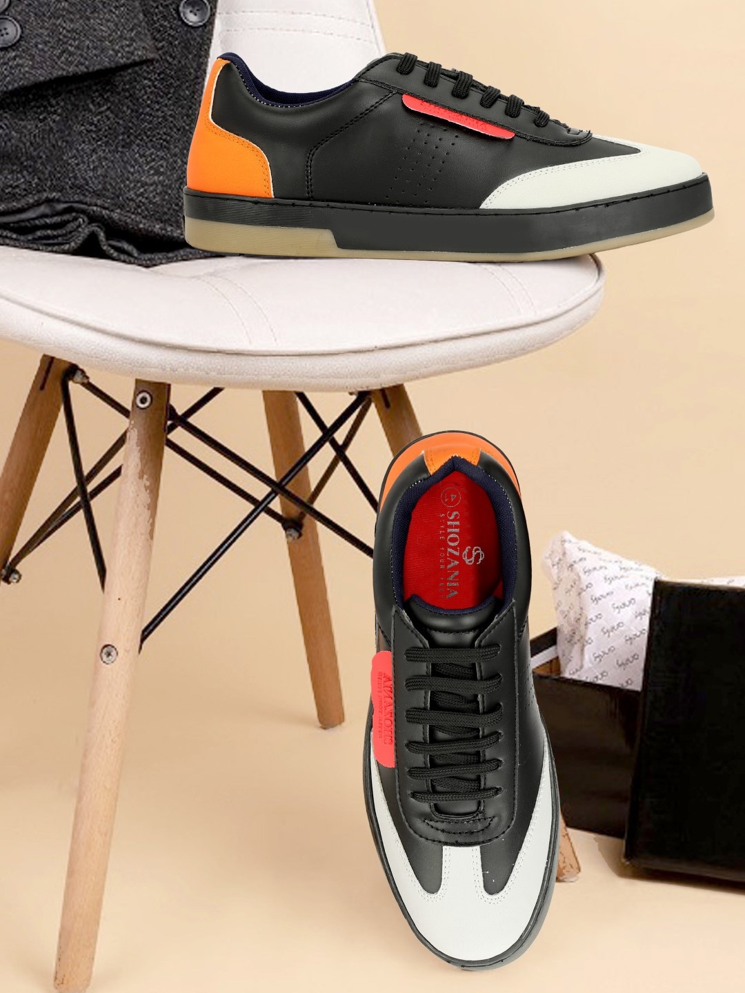

SHOZANIA Men Colourblocked Lightweight Leather Sneakers, Black