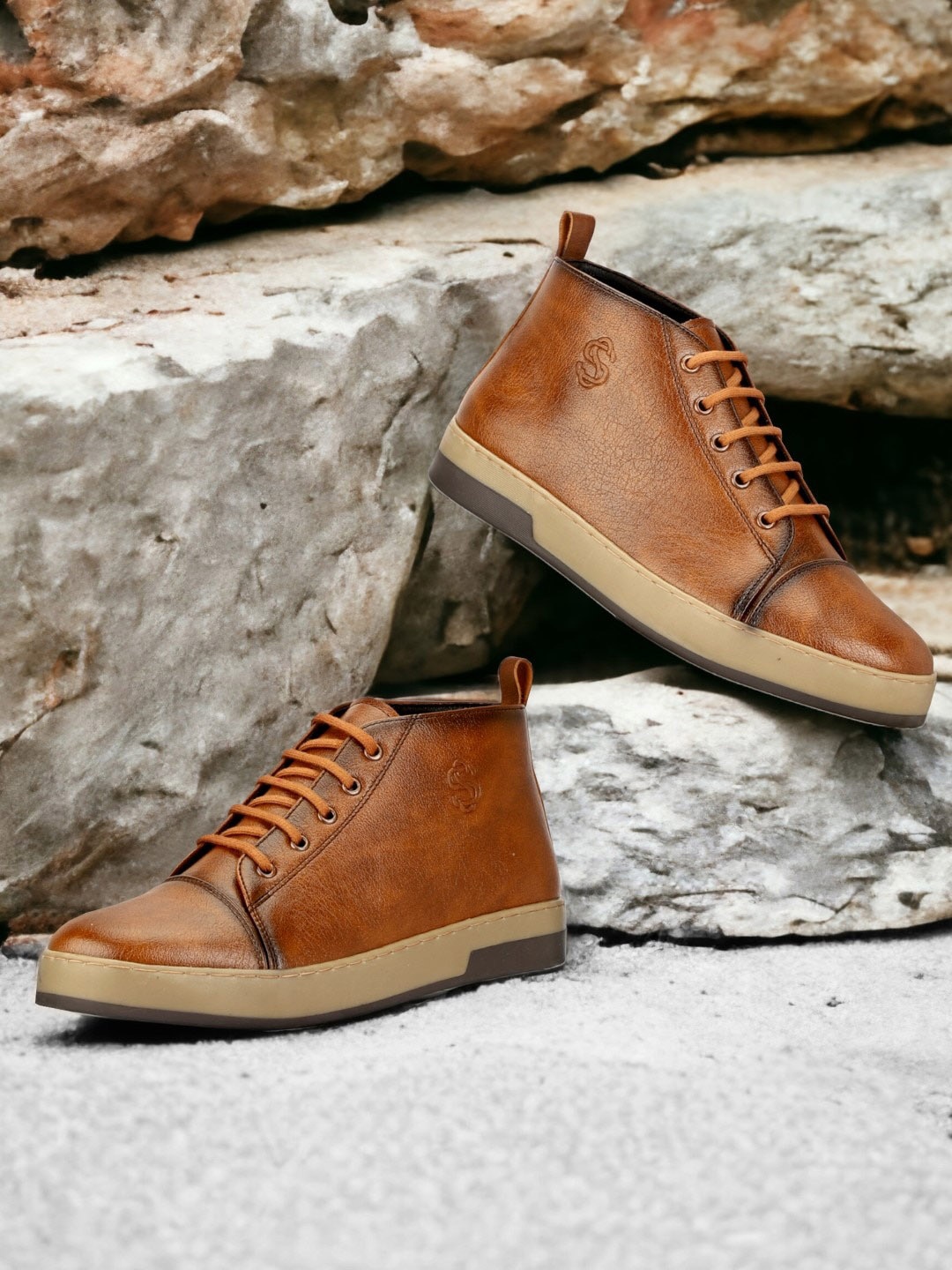 

SHOZANIA Men Mid Top Lightweight Leather Sneakers, Tan
