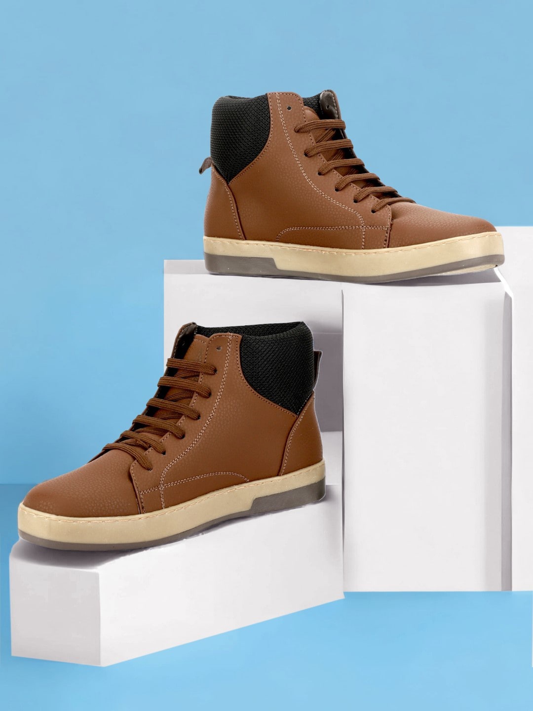 

SHOZANIA Men Mid Top Lightweight Leather Sneakers, Brown