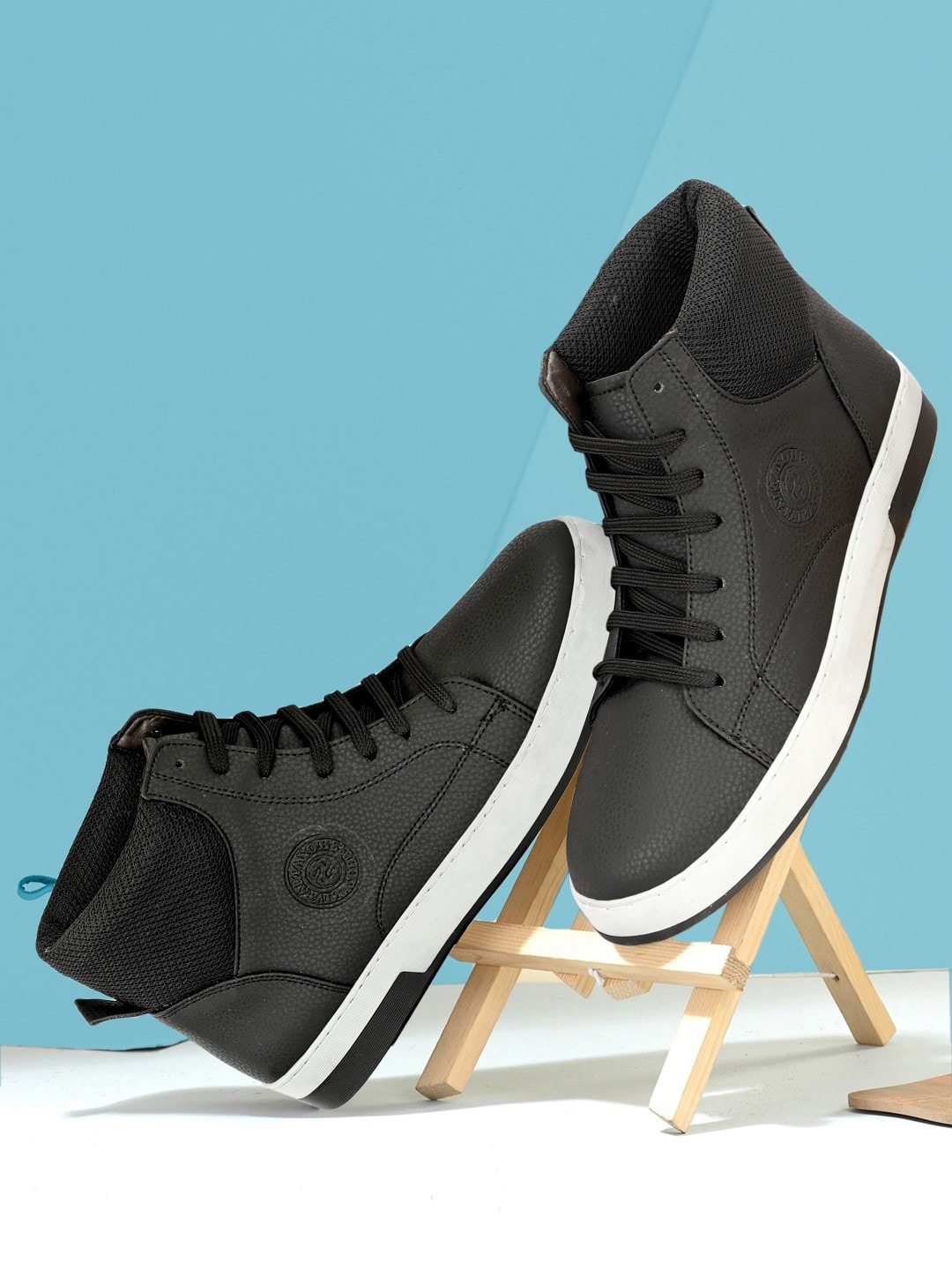

SHOZANIA Men Mid Top Textured Lightweight Leather Sneakers, Black