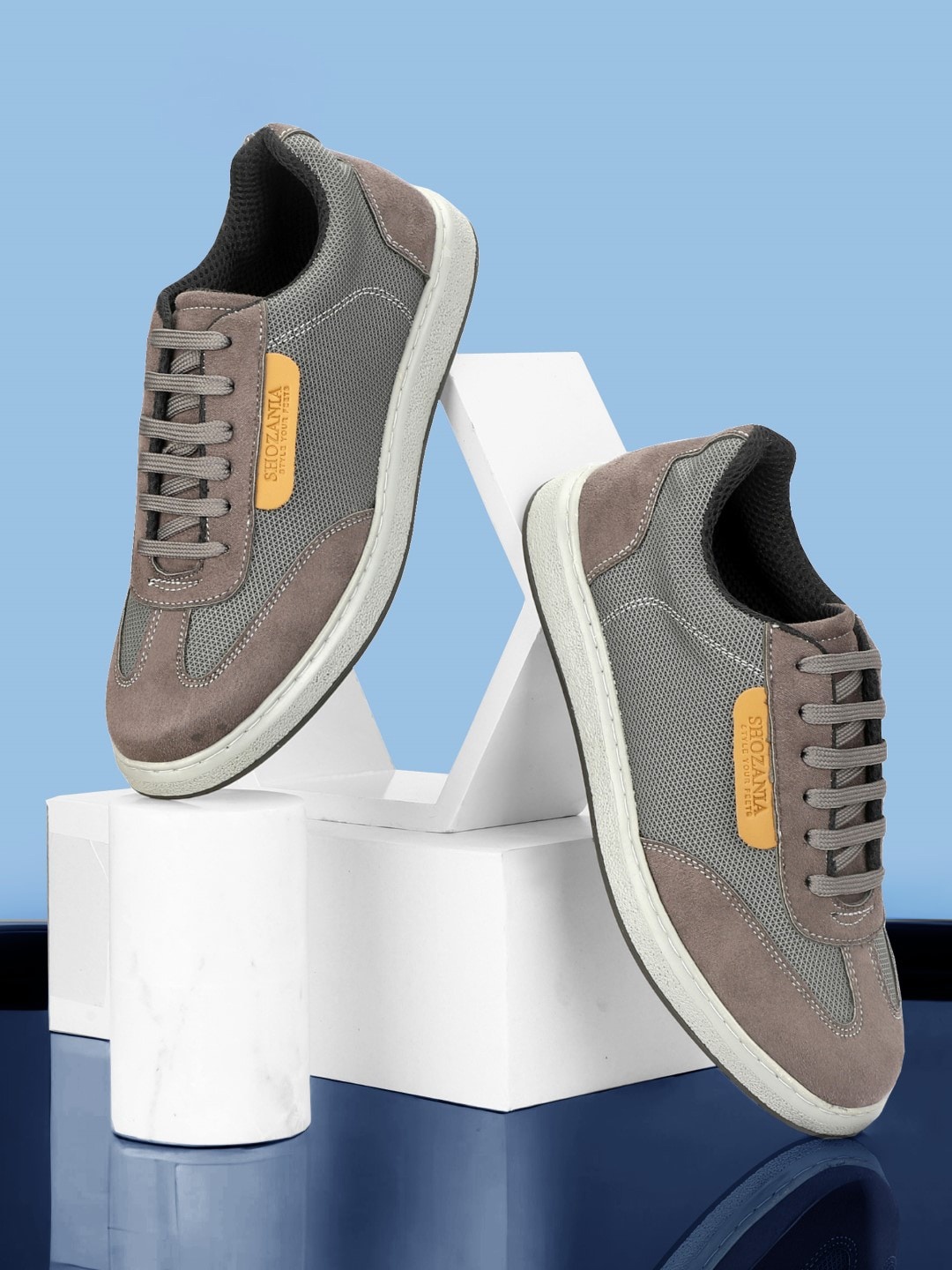 

SHOZANIA Men Textured Suede Leather Insole Contrast Sole Sneakers, Grey