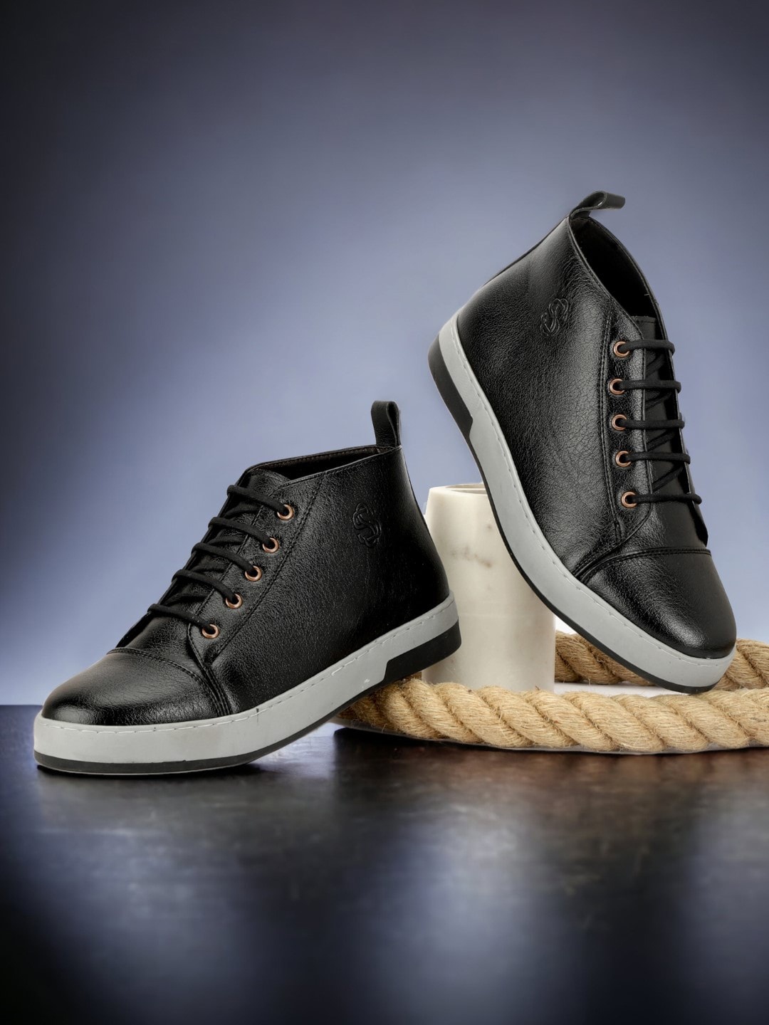 

SHOZANIA Men Mid Top Lightweight Leather Sneakers, Black