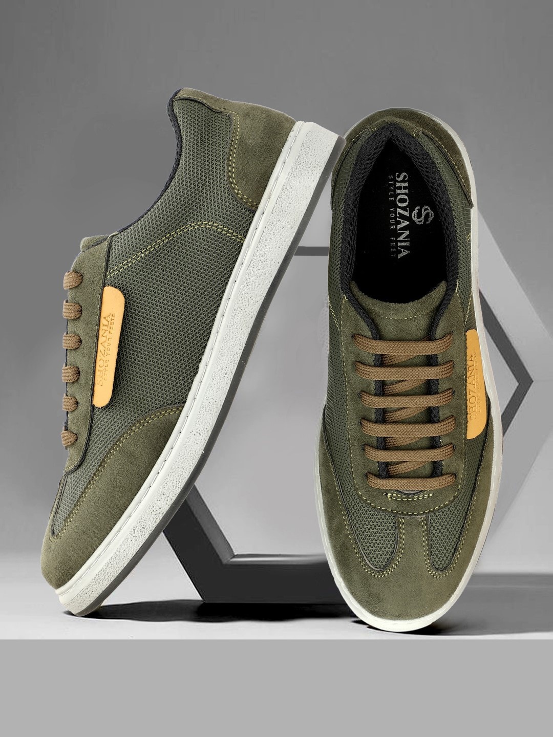 

SHOZANIA Men Suede Leather Insole Contrast Sole Sneakers, Olive