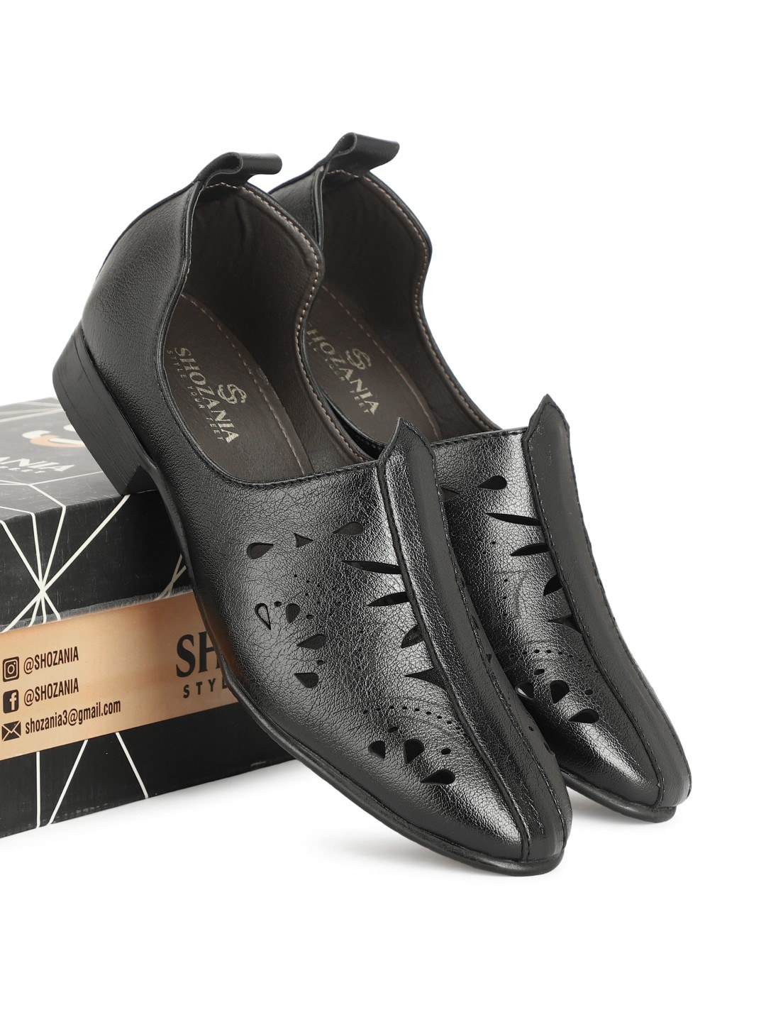 

SHOZANIA Men Textured Leather Lightweight Laser Cuts Mojaris, Black