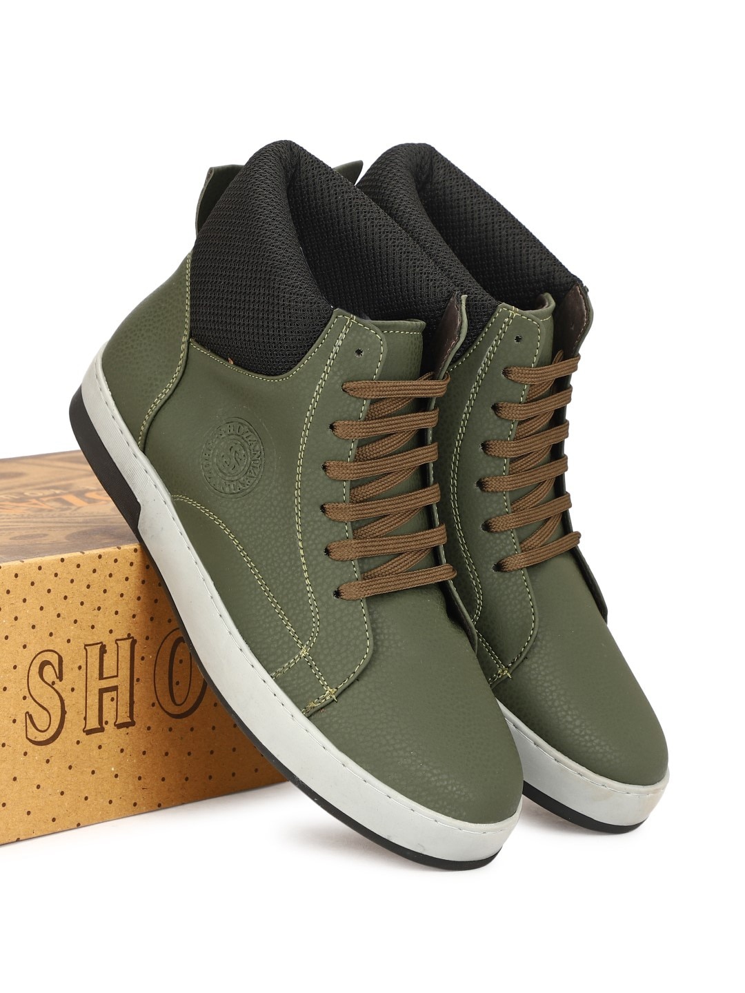 

SHOZANIA Men Mid Top Textured Lightweight Leather Sneakers, Olive