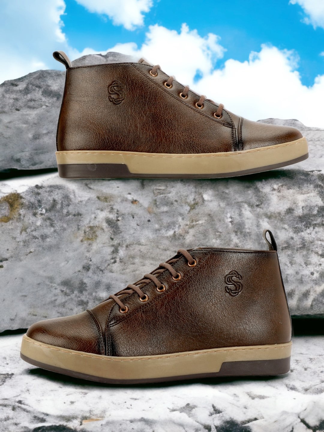 

SHOZANIA Men Mid Top Textured Lightweight Leather Sneakers, Brown