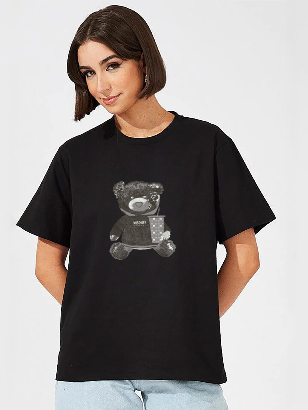 

MISCHIEF MONKEY Printed Drop-Shoulder Sleeves Cotton Oversized T-shirt, Black