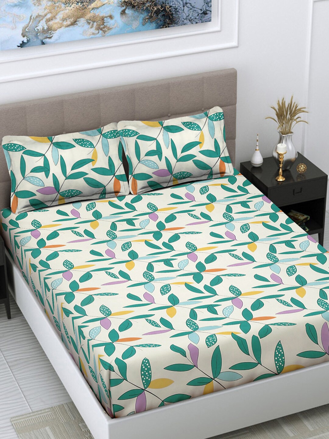 

FABINALIV Green & Yellow Floral Print 300 TC King Size Bedsheet & 2 Pillow Covers