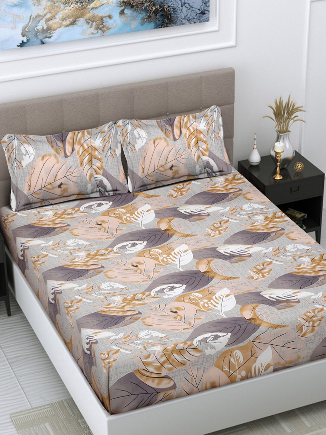 

FABINALIV Grey & Beige Floral Print 300 TC King Size Bedsheet & 2 Pillow Covers