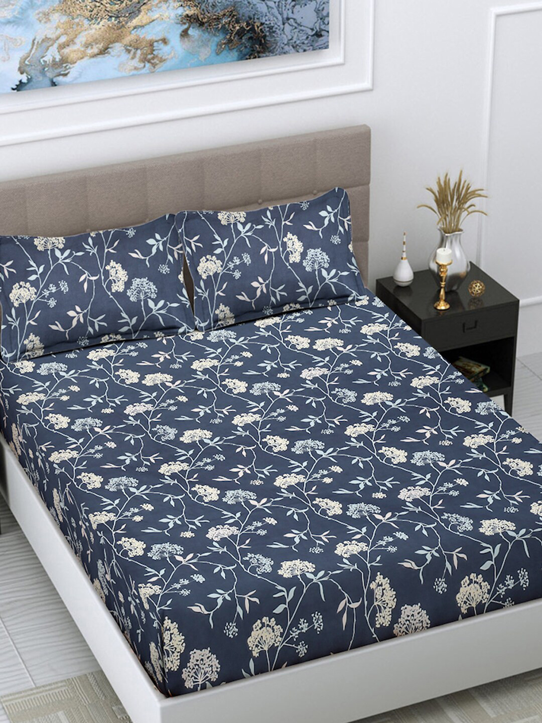 

FABINALIV Navy Blue & White Floral Print 300 TC King Size Bedsheet & 2 Pillow Covers