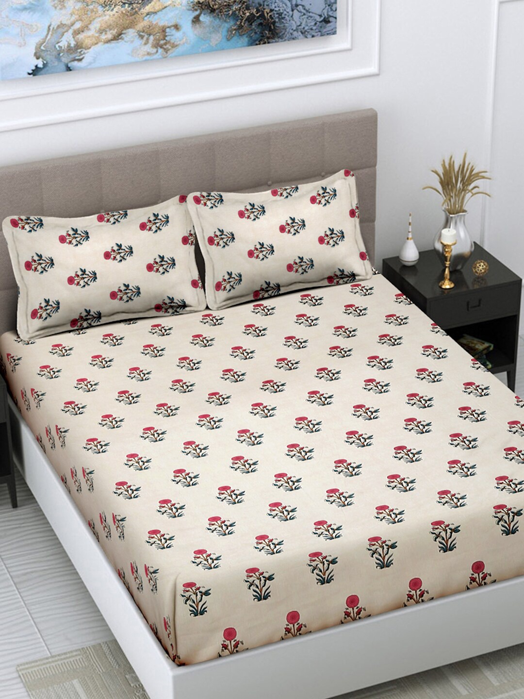 

FABINALIV Cream & Pink Floral Print 300 TC King Size Bedsheet & 2 Pillow Covers
