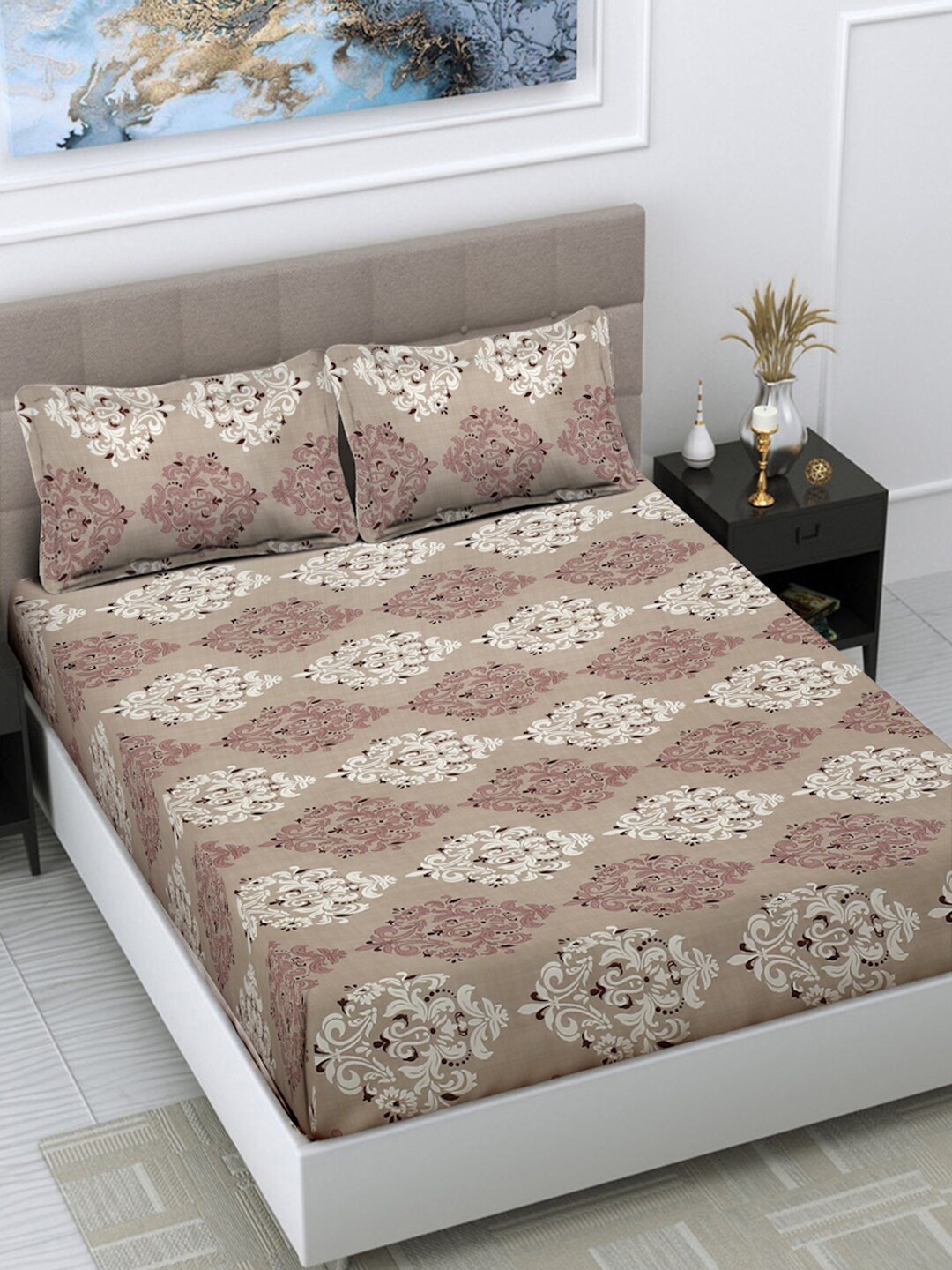 FABINALIV Brown & Beige Ethnic Motifs Print 300 TC King Size Bedsheet & 2 Pillow Covers