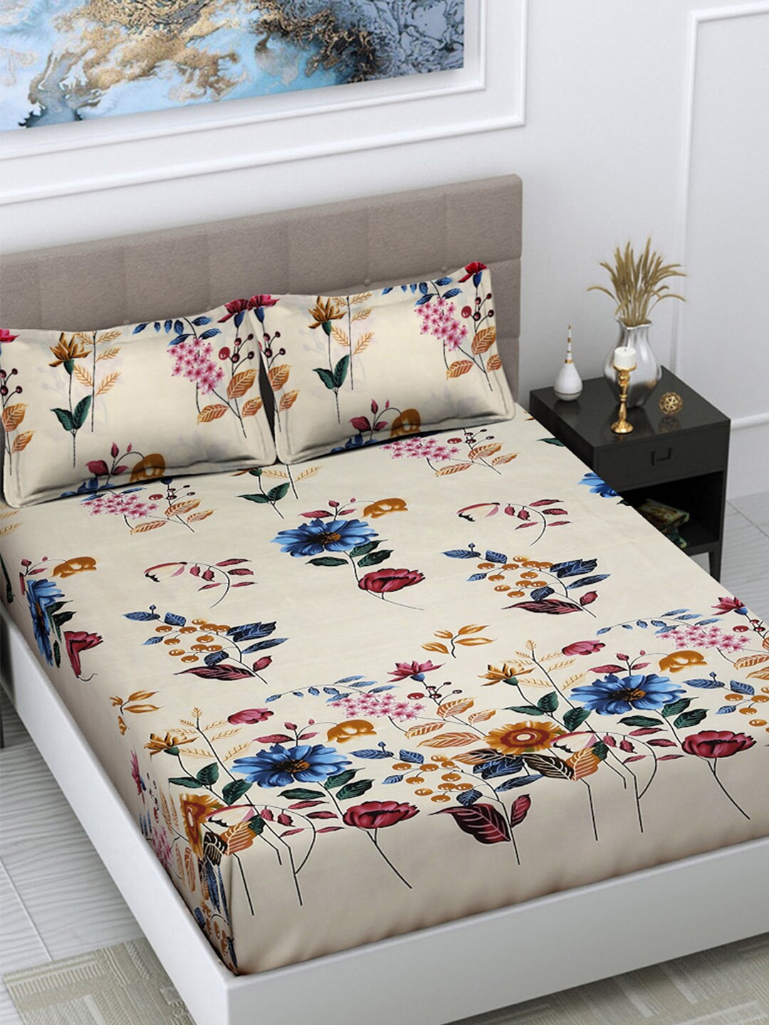 

FABINALIV Cream & Blue Floral Printed 300 TC King Bedsheet With 2 Pillow Covers