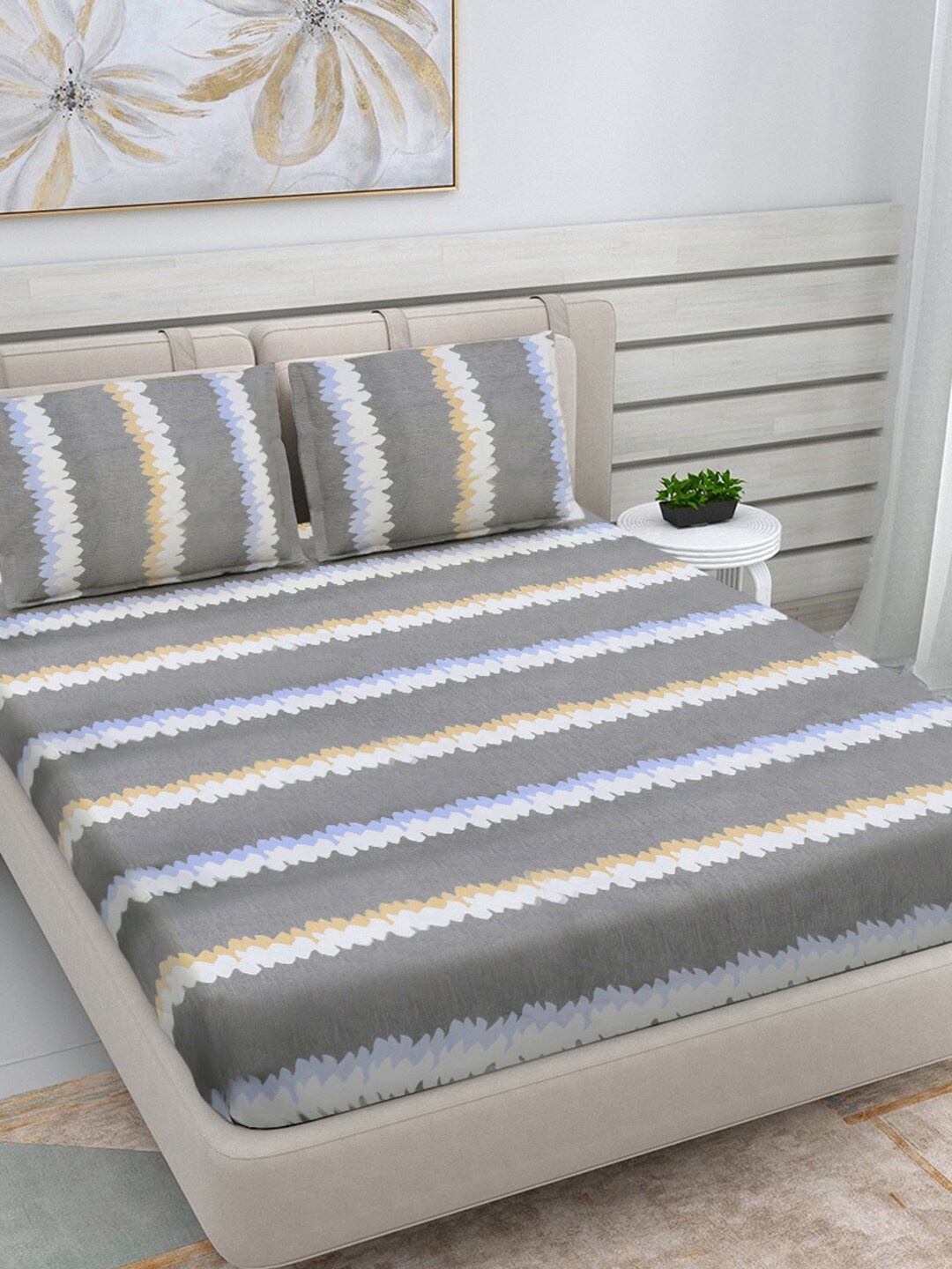 

FABINALIV Grey & White Striped Print 300 TC King Size Bedsheet & 2 Pillow Covers