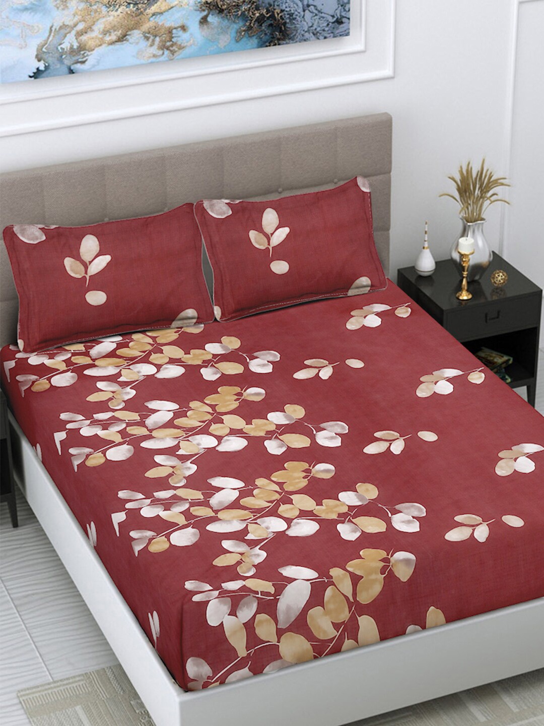 

FABINALIV Maroon & Beige Floral Print 300 TC King Size Bedsheet & 2 Pillow Covers