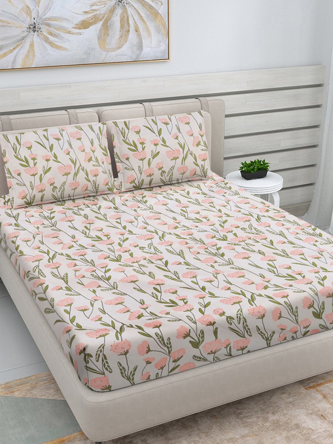 

FABINALIV White & Green Floral Printed 300 TC King Bedsheet With 2 Pillow Covers
