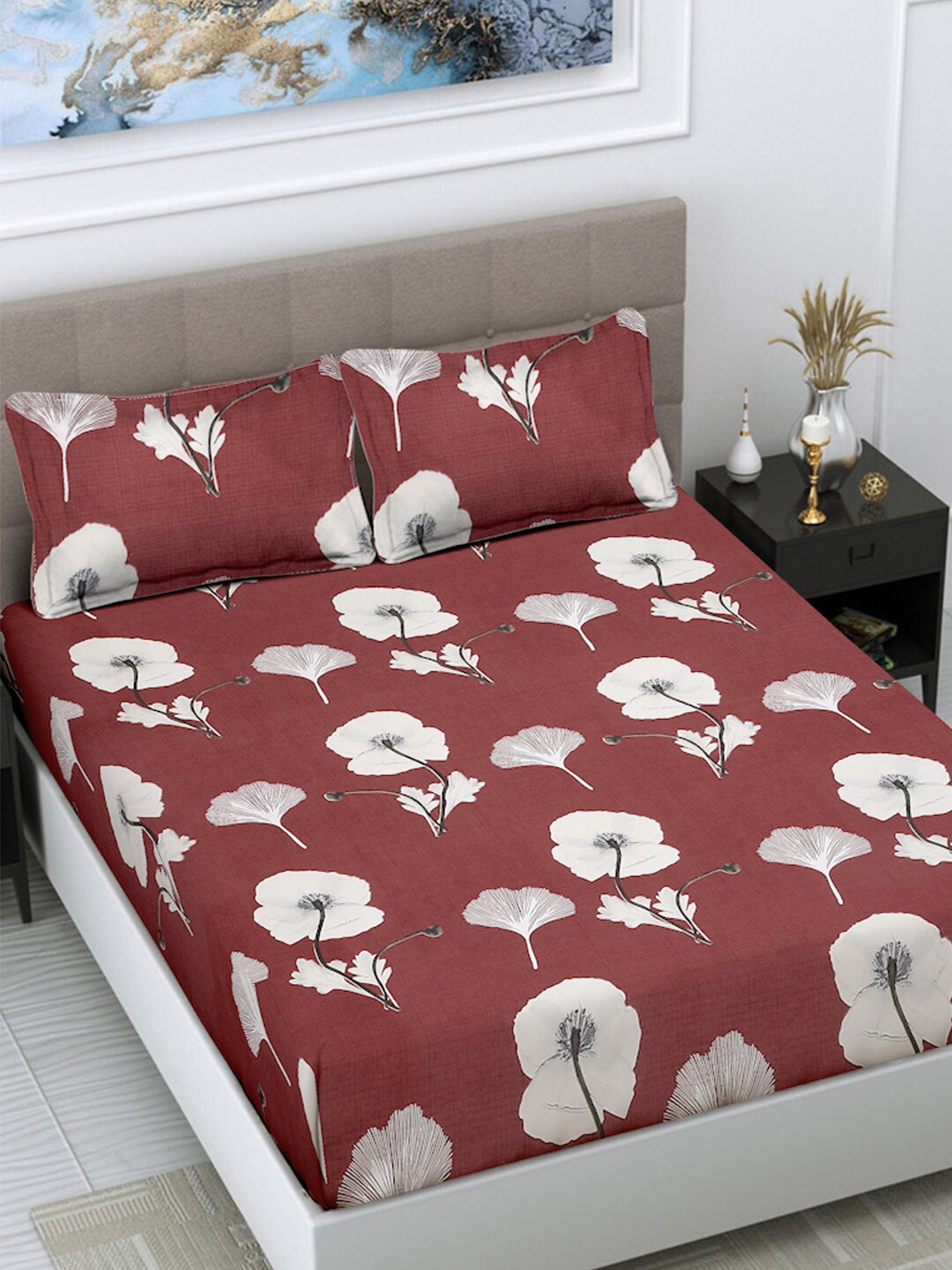 

FABINALIV Maroon & White Floral Print 300 TC King Size Bedsheet & 2 Pillow Covers