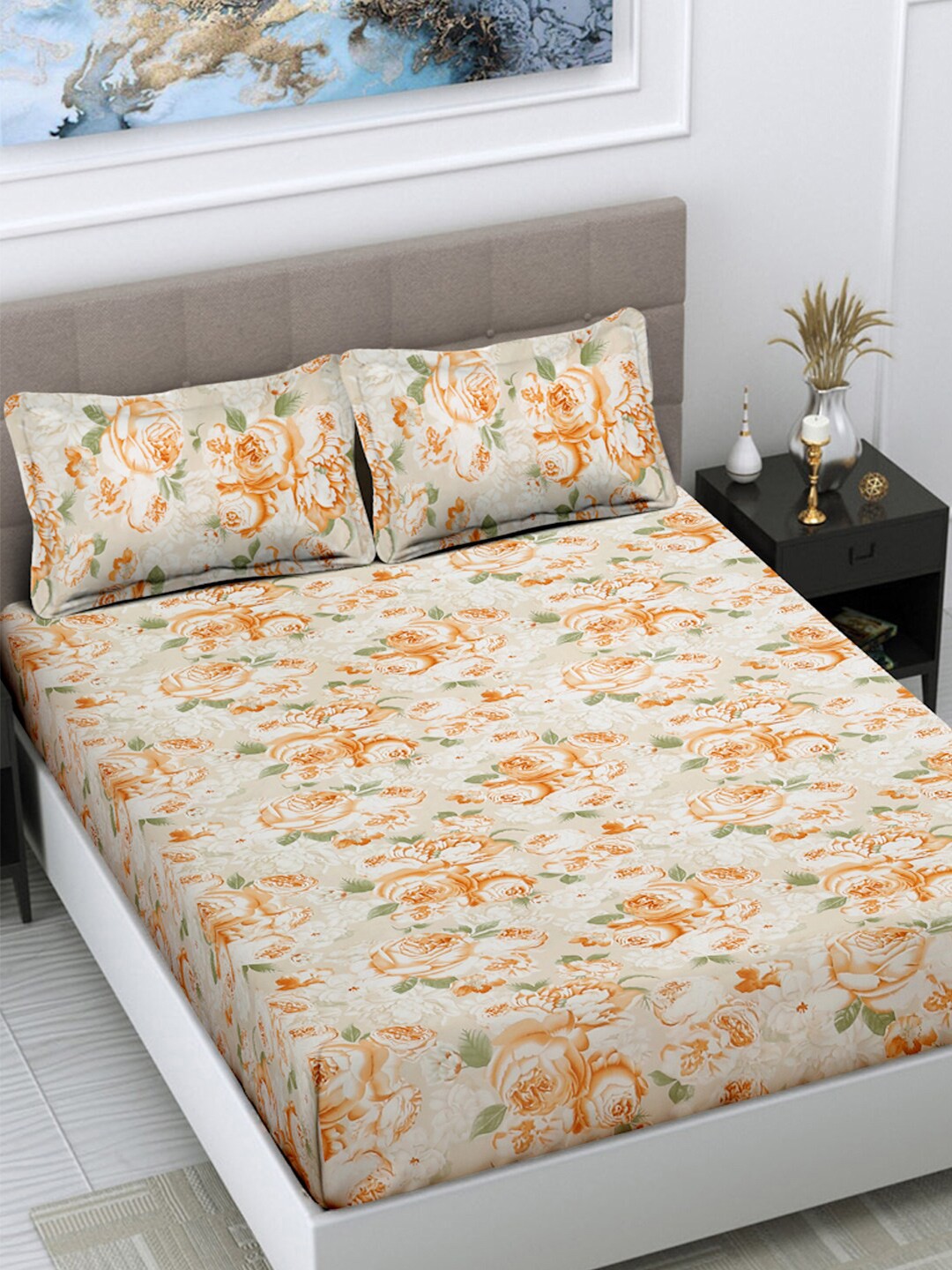 

FABINALIV Beige & Orange Floral Print 300 TC King Size Bedsheet & 2 Pillow Covers