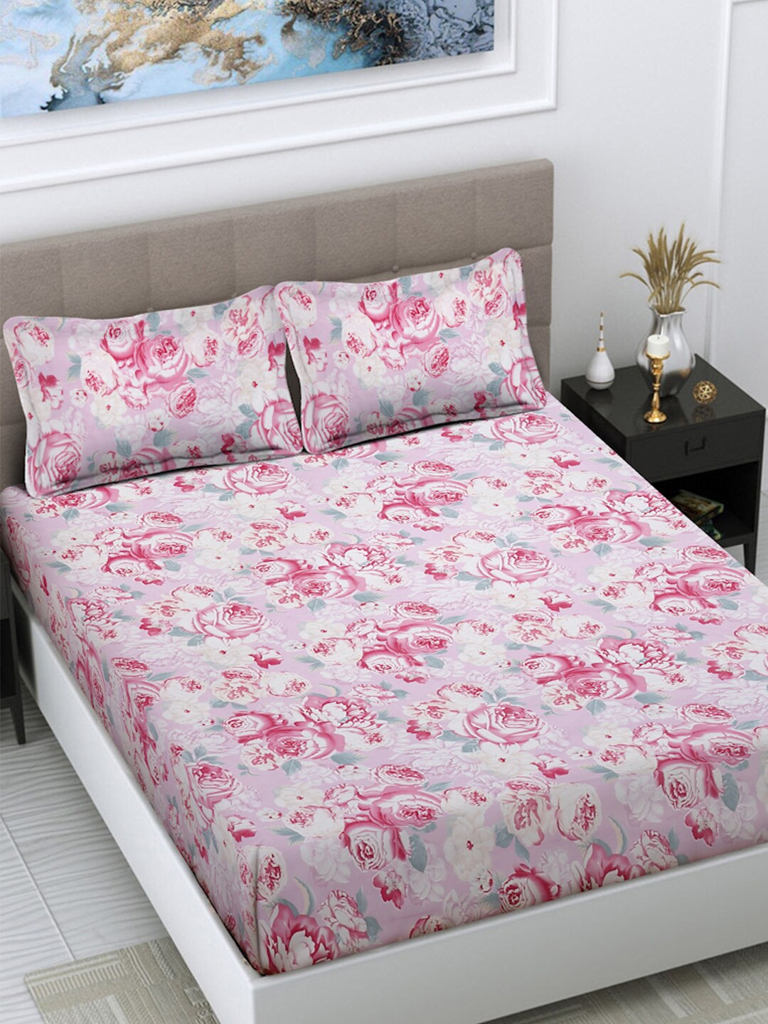 

FABINALIV Pink & White Floral Printed 300 TC King Bedsheet With 2 Pillow Covers
