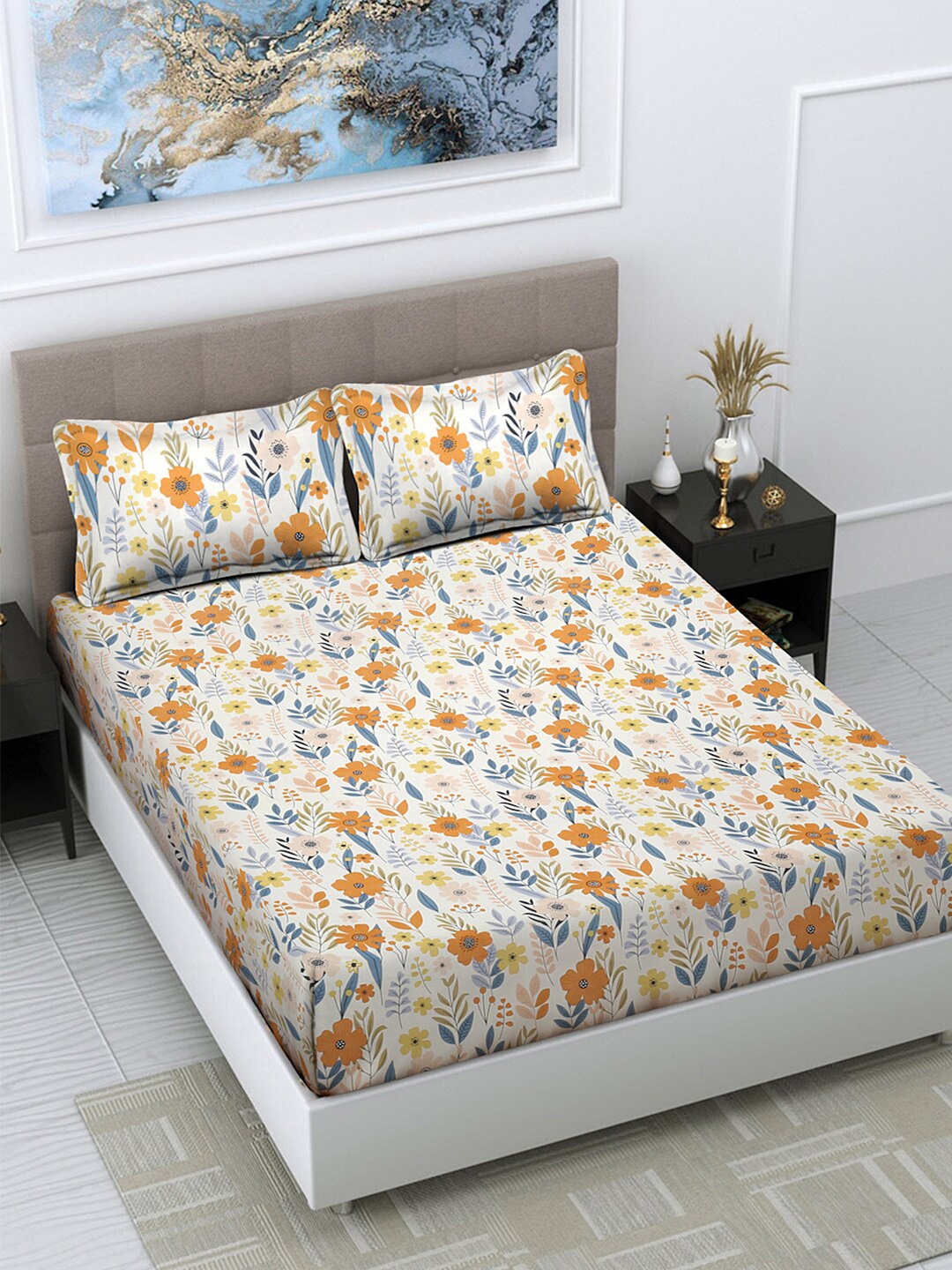 

FABINALIV White & Orange Floral Print 300 TC King Size Bedsheet & 2 Pillow Covers