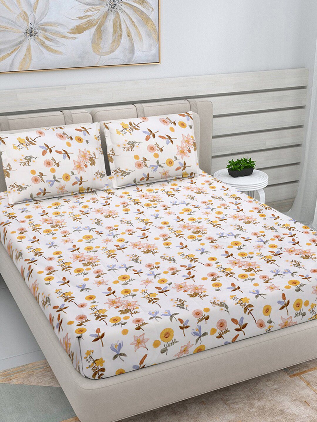 

FABINALIV White & Yellow Floral Printed 300 TC King Bedsheet With 2 Pillow Covers