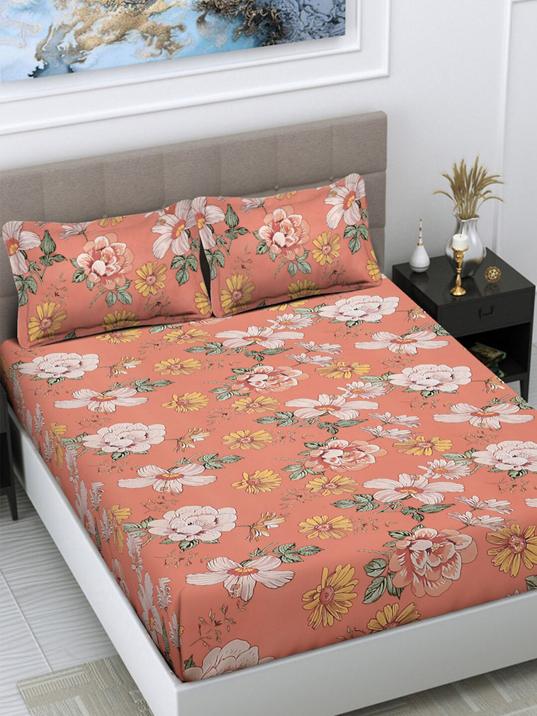 

FABINALIV Orange & White Floral Printed 300 TC King Bedsheet With 2 Pillow Covers