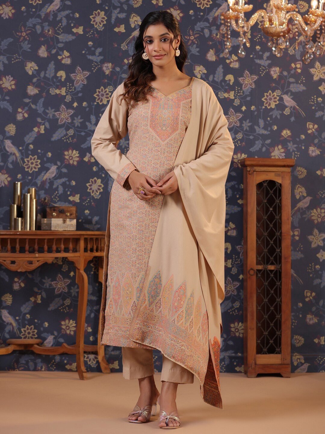 

House of Pataudi Beige Floral Woven Design Pashmina Unstitched Dress Material