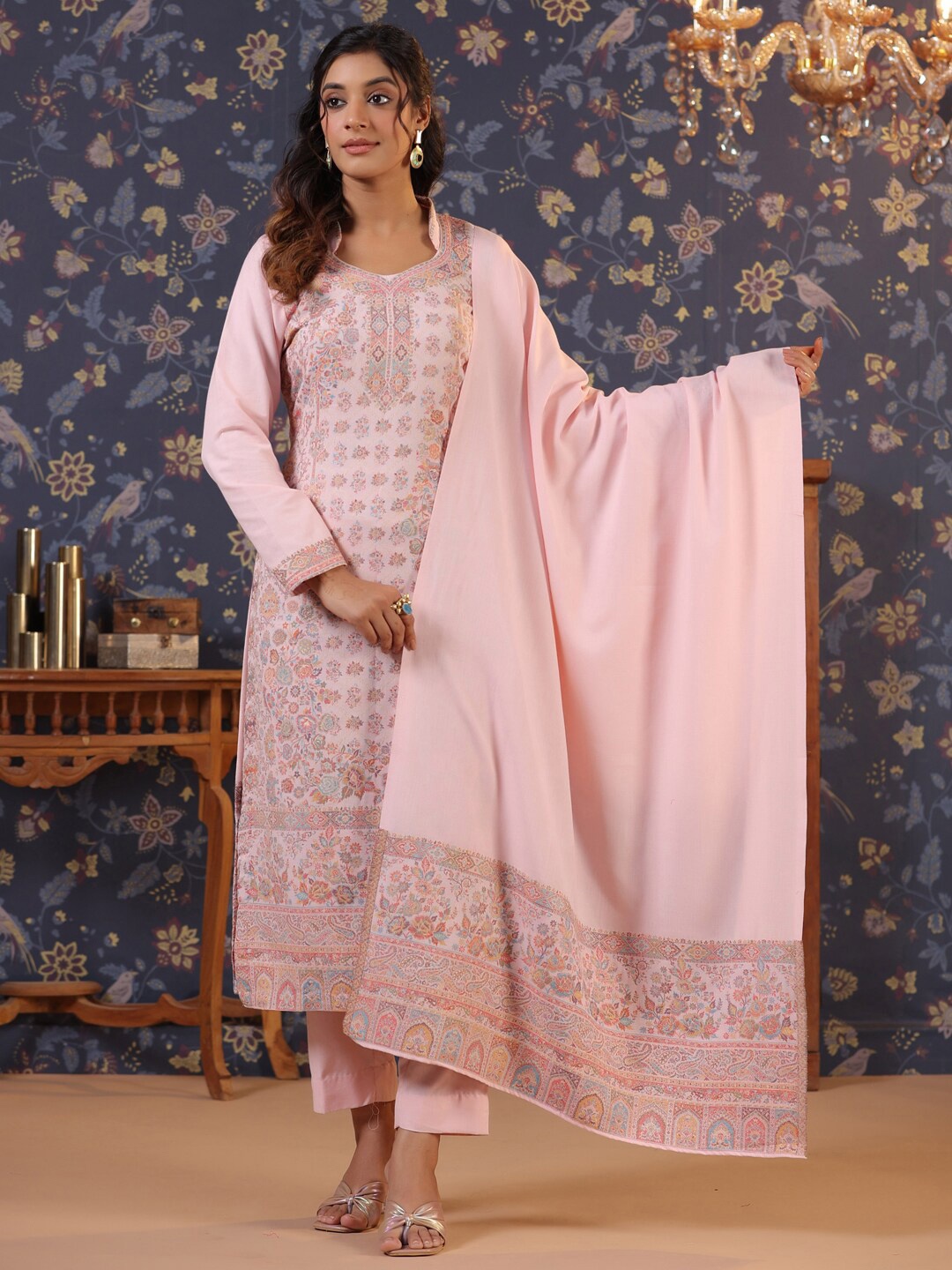 

House of Pataudi Pink Floral Woven Design Pashmina Unstitched Dress Material